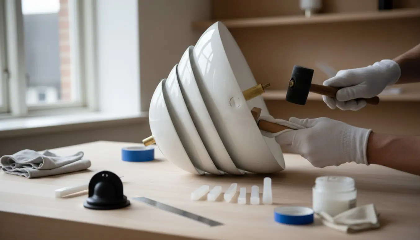 PH-lampe på værkstedsbord med buler, hænder retter dem ud med gummihammer og træblok.