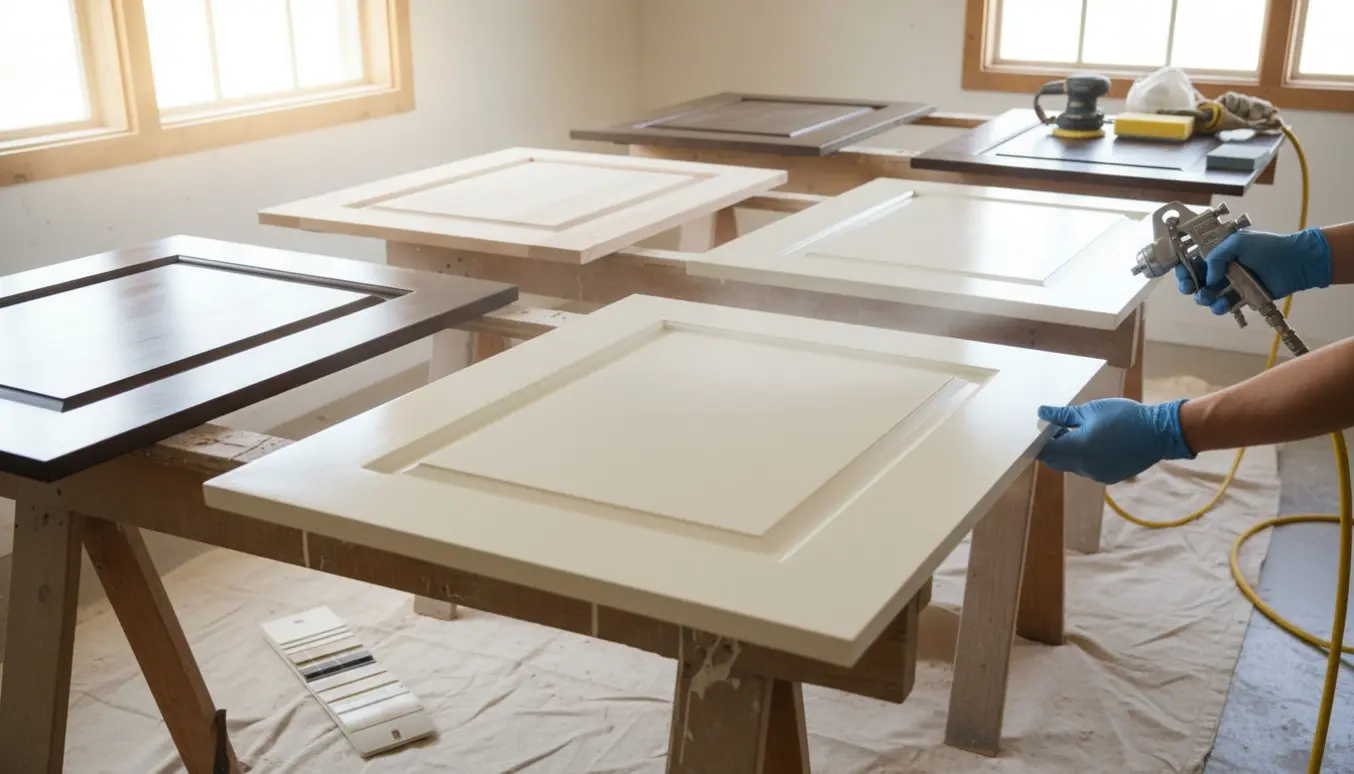 Afmonterede køkkenlåger i forskellige størrelser bliver sprøjtemalet fra mørkebrunt til cremet i et lyst værksted.