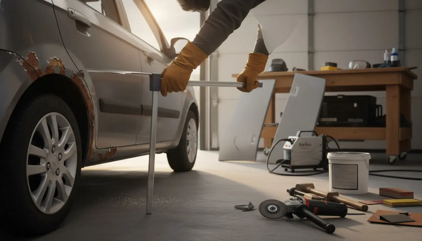 To nye paneler ved siden af en Hyundai Getz i en garage, hvor rustne paneler udskiftes.