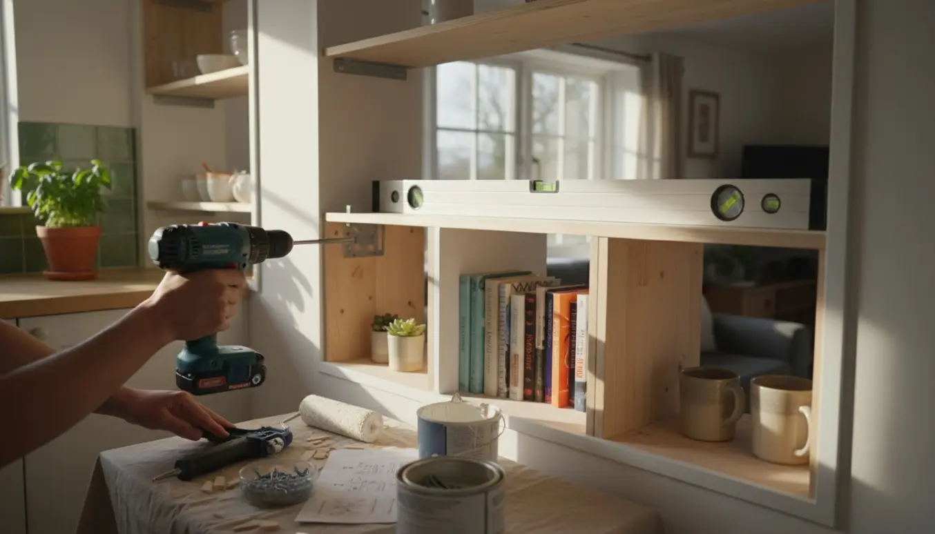 Indbygget reol i lyst kolonihavehus med håndværkerhænder ved montering og værktøj.