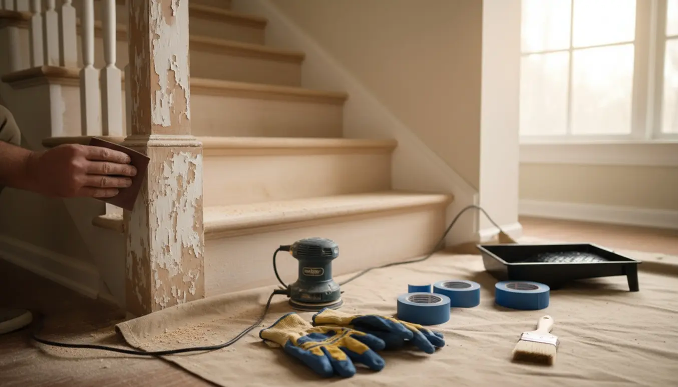 Indendørs trætrappe klar til maling med let slebet gelænder, slibeværktøj og malerredskaber.