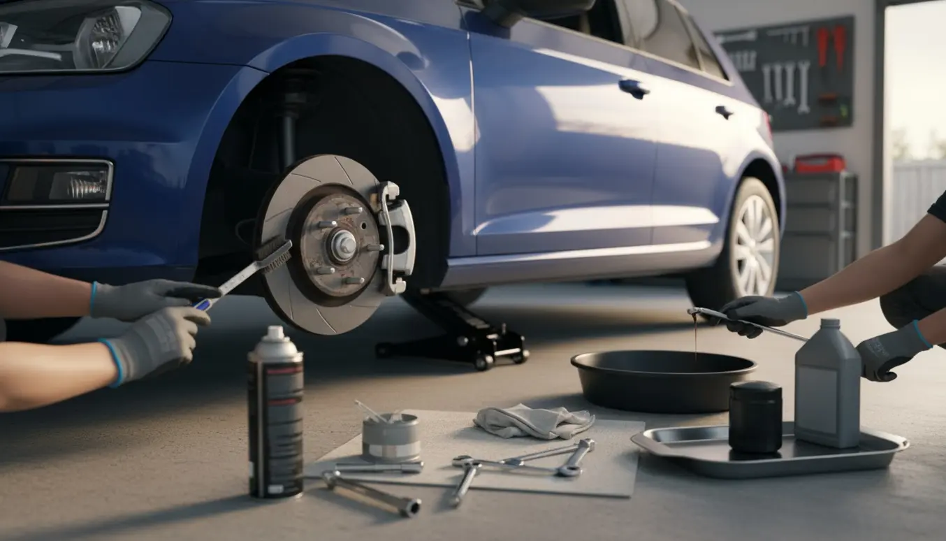 Handskerede hænder rengør bremser og skifter olie på en kompakt dieselbil i en garage, ingen ansigter synlige.