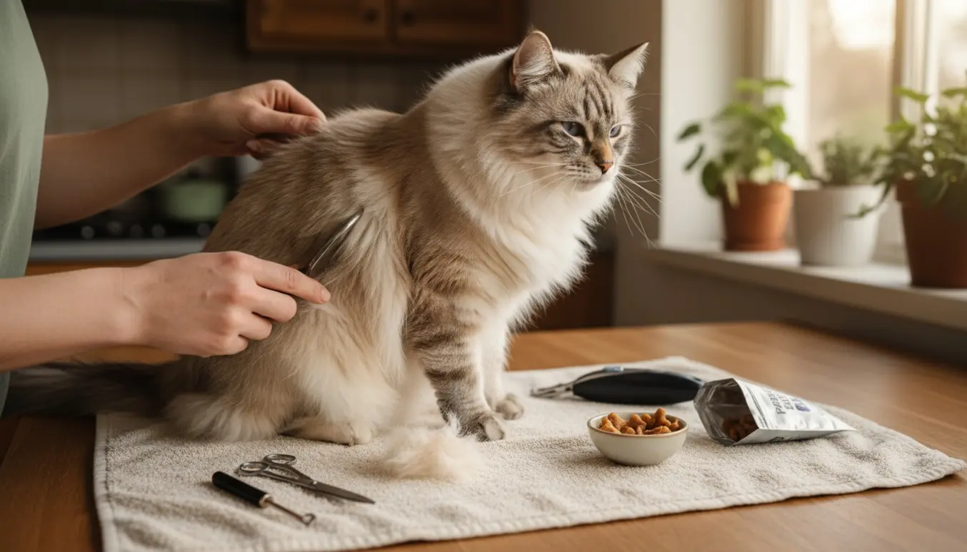 En ejer trimmer og fjerner filt fra en langhåret kat på et blødt håndklæde med børste, trimmekam, neglesaks og godbidder ved siden af.