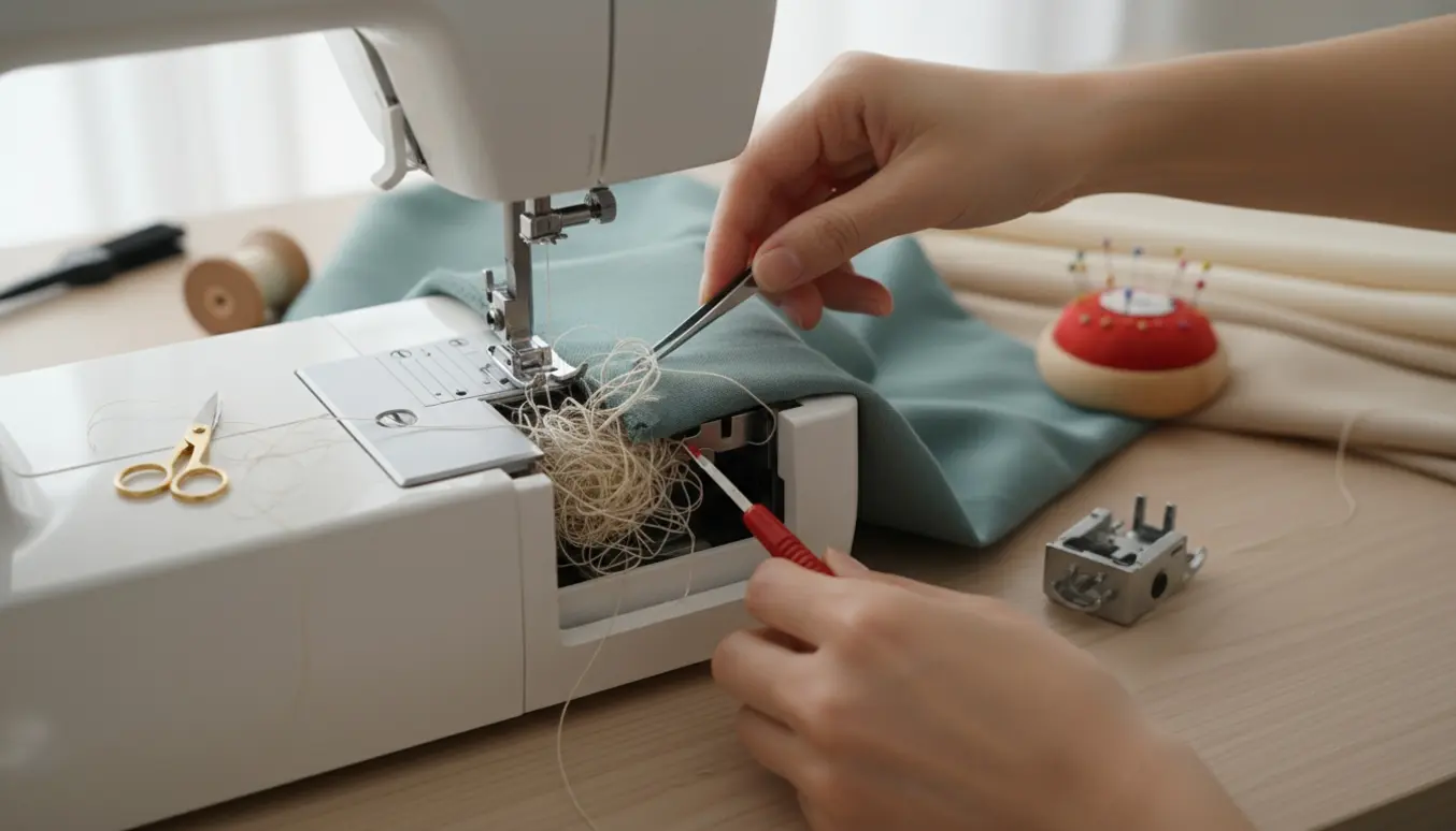 Nærbillede af en symaskine med sammenfiltret undertråd, mens hænder fjerner knuder med pincet.