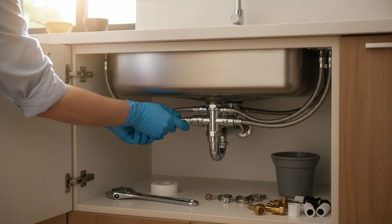 Nærbillede af handskerede hænder, der tilslutter vand- og afløbsrør under et køkkenvask.