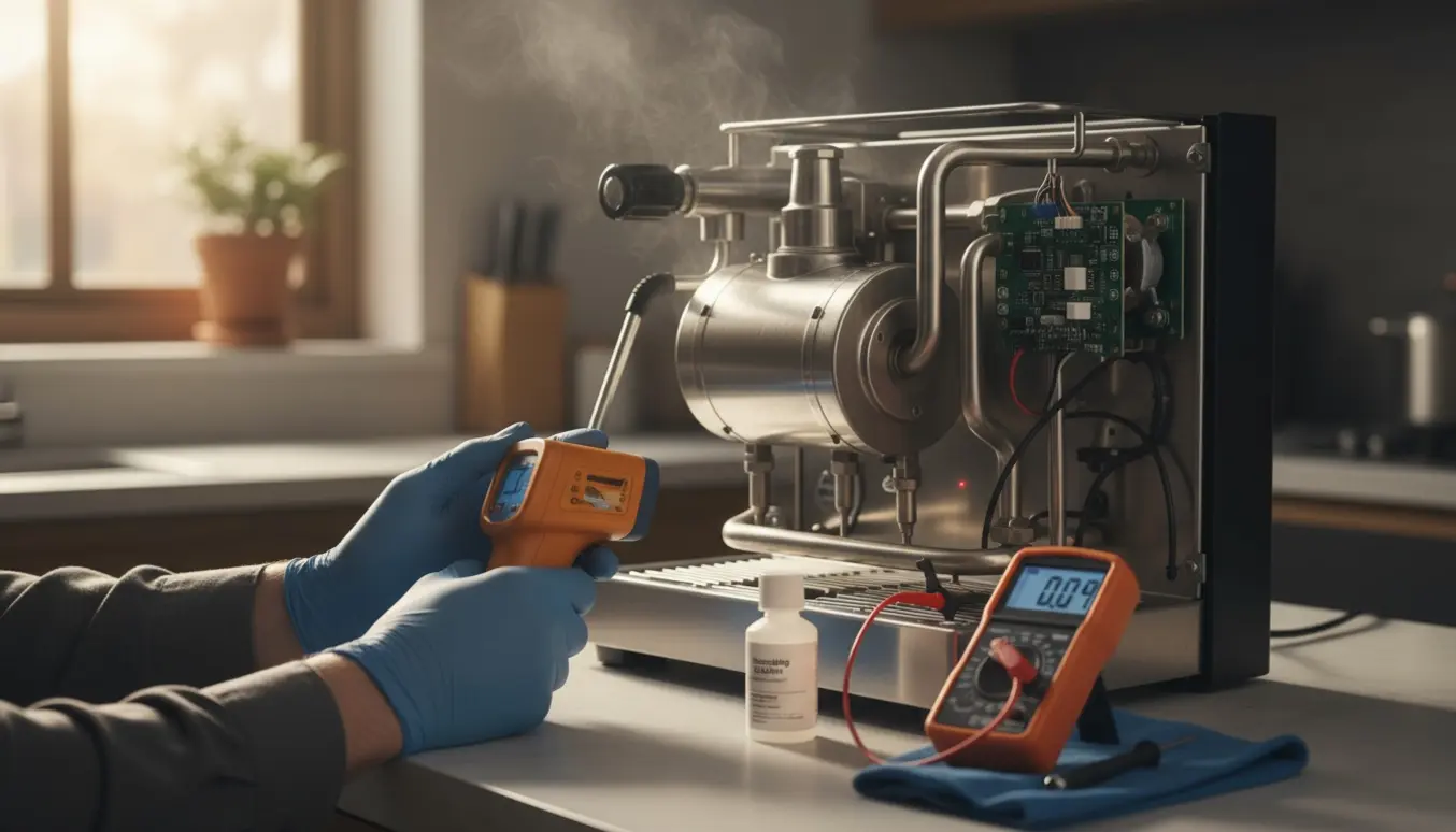 Tekniker undersøger en espressomaskine med åben panel og måleinstrumenter på køkkenbordet.