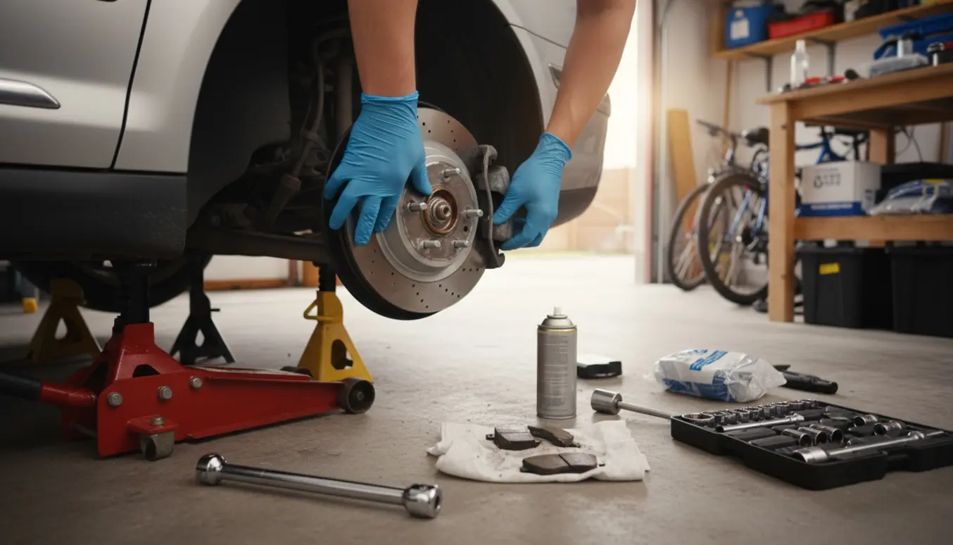 Hjemmegarage: hænder i handsker udskifter bremseklodser og -skiver på en opbakket C5.