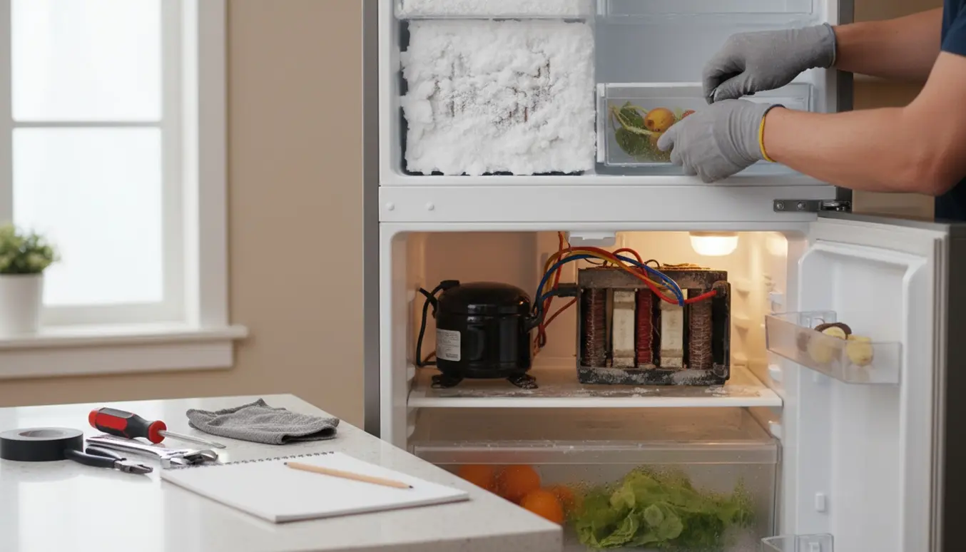En tekniker undersøger et åbent køleskab med frost i fryseren og kondens i køleskabsdelen.
