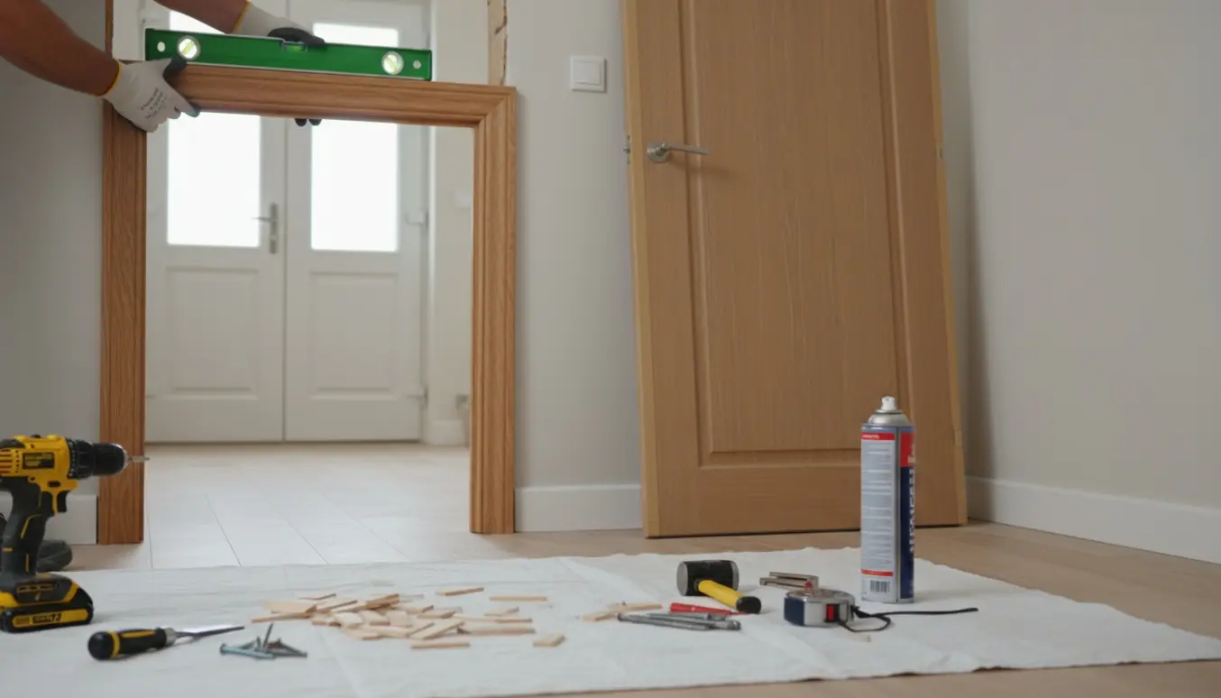 Ny dørkarm justeres med værktøj på et beskyttelsesunderlag, mens dobbeltdøre i baggrunden er monteret uden bundstykke.
