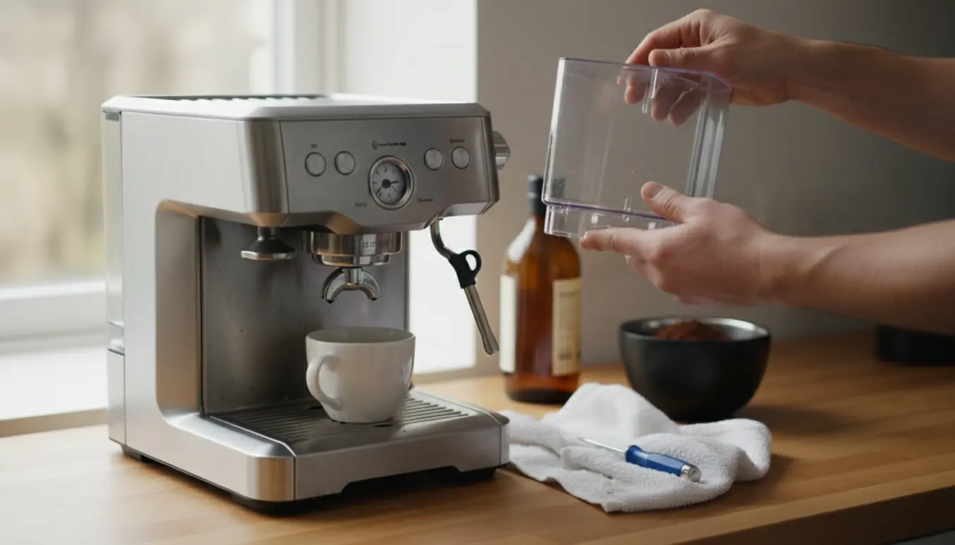 Tom vandtank holdes op mod lyset ved en moderne espressomaskine, mens hænder undersøger maskinen på køkkenbordet.