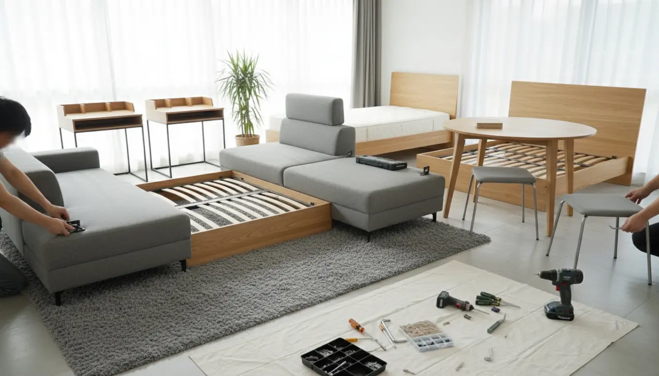 Fladpakkede møbler bliver samlet i et lyst rum med hænder, værktøj og flere møldelere klar til montering.