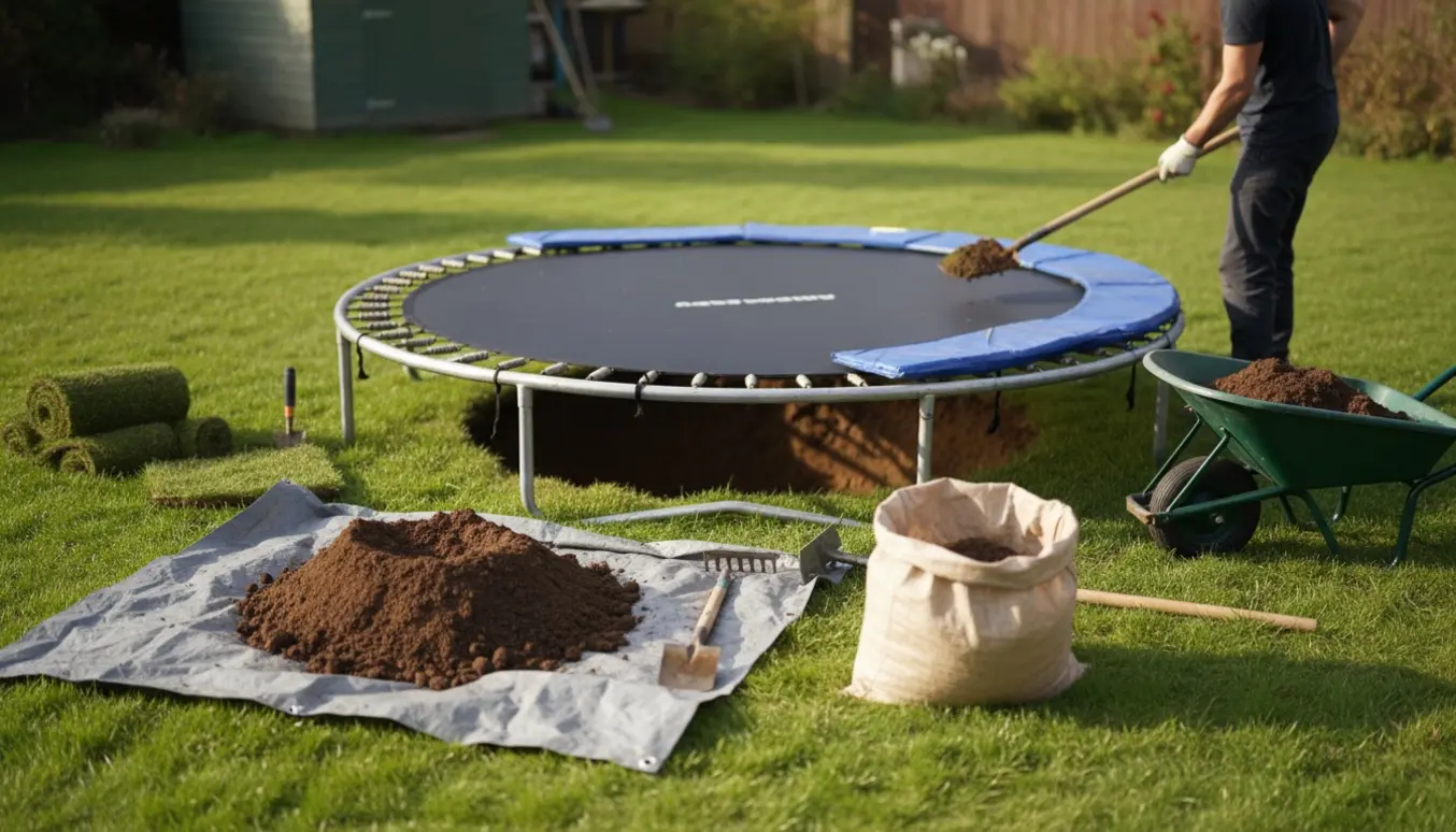 Nedsænkning af en rund trampolineramme i en nygravet fordybning med skovl og trillebør ved siden af.