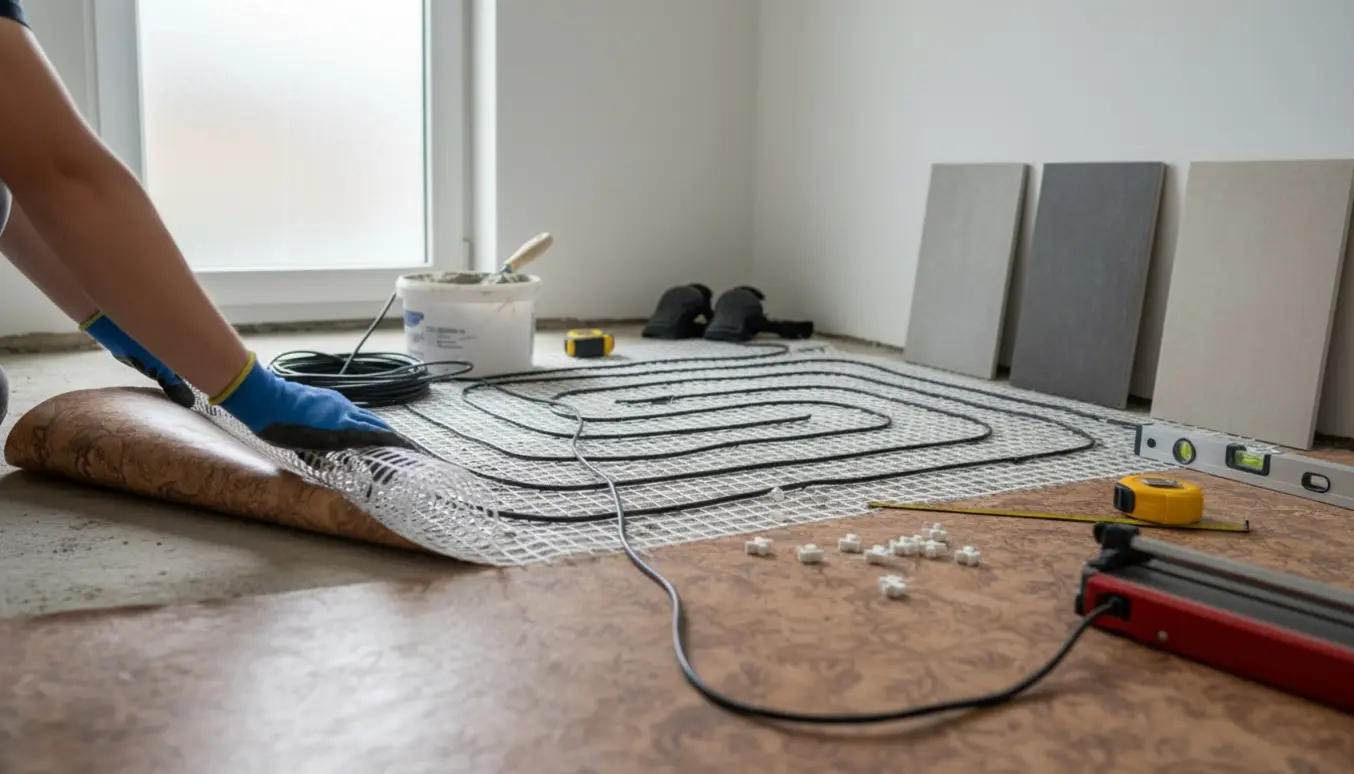 Forberedelse til el-gulvvarme og fliselægning i et lille badeværelse med delvist opperevet linoleum og værktøj.