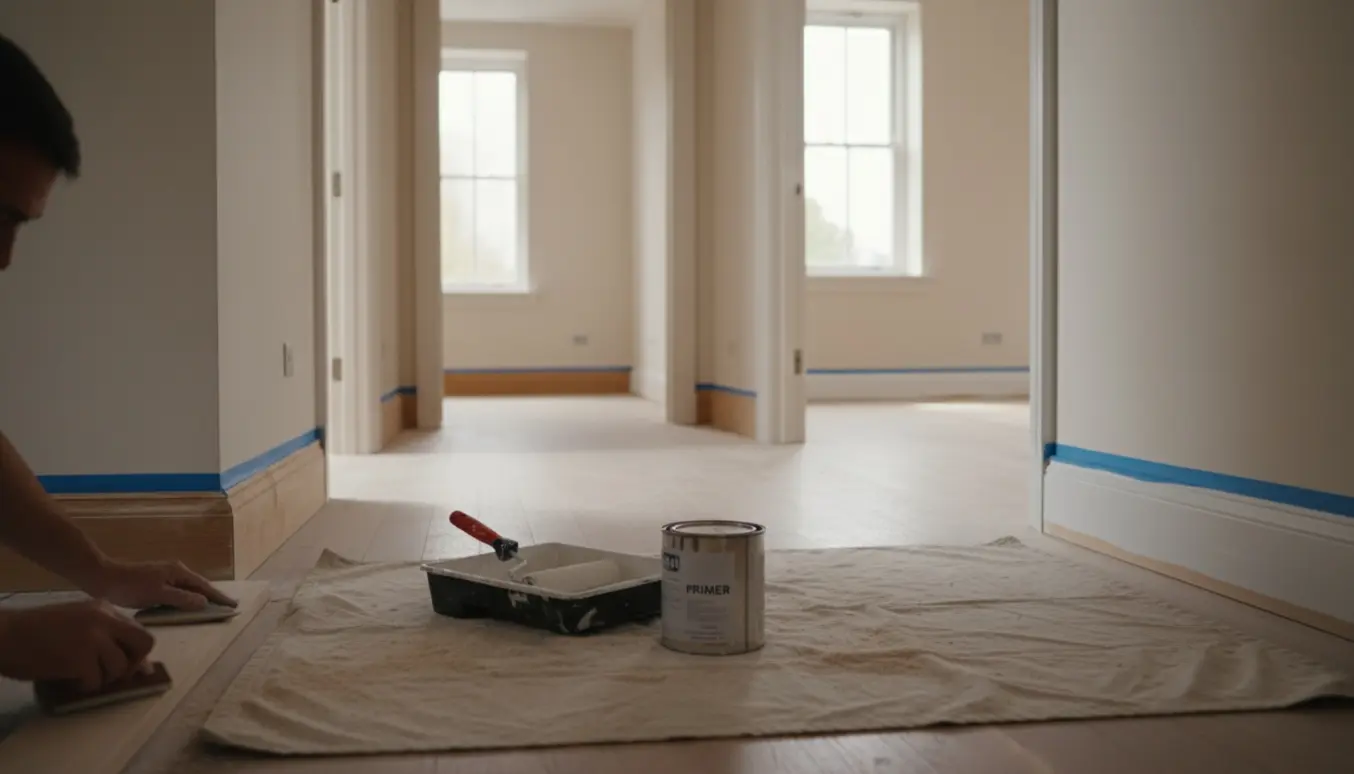 Nymalet hvid fodliste under forberedelse med sandpapir, pensel og afdækning i et lyst rum.