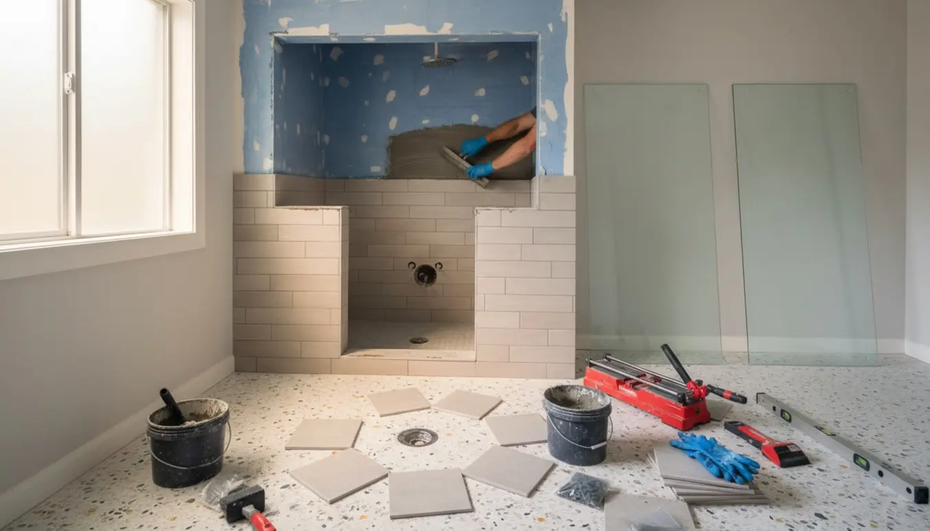 Badeværelse under renovering med fjernet badekar, en firkantet bruseniche med nye fliser, glasdøre og håndværktøj.