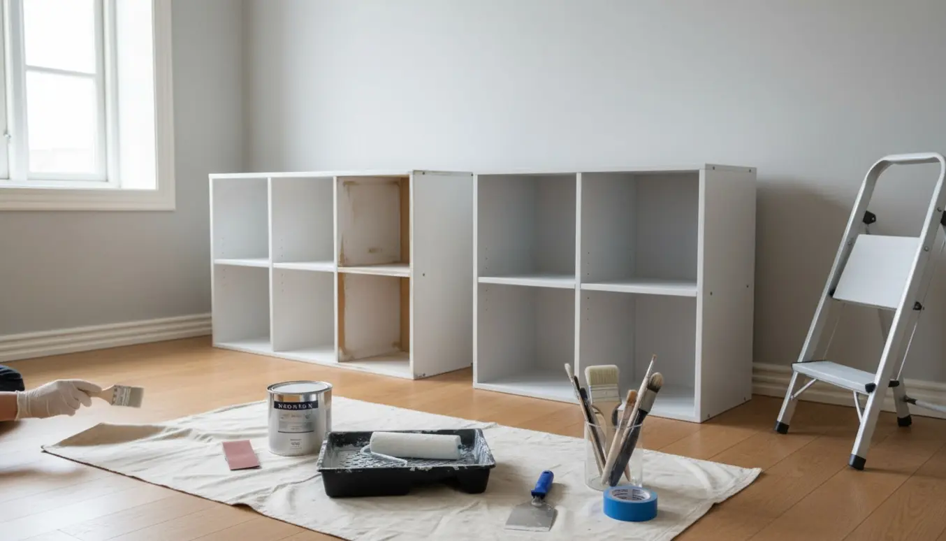 To Montana-reoler står i et lyst rum, mens en handske-klædt hånd maler kanten med hvid maling og værktøj ligger på et beskyttelsesunderlag.