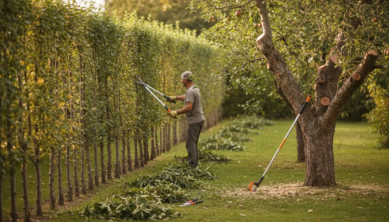 Beskæring af læhegn, æbletræer og kastanjetræ i en solrig have med afklip spredt på græsset.