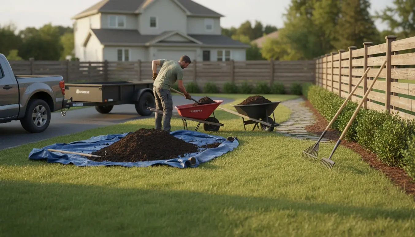 En person skovler mørk havejord fra en trailer ind i en trillebør i en solrig parcelhave.