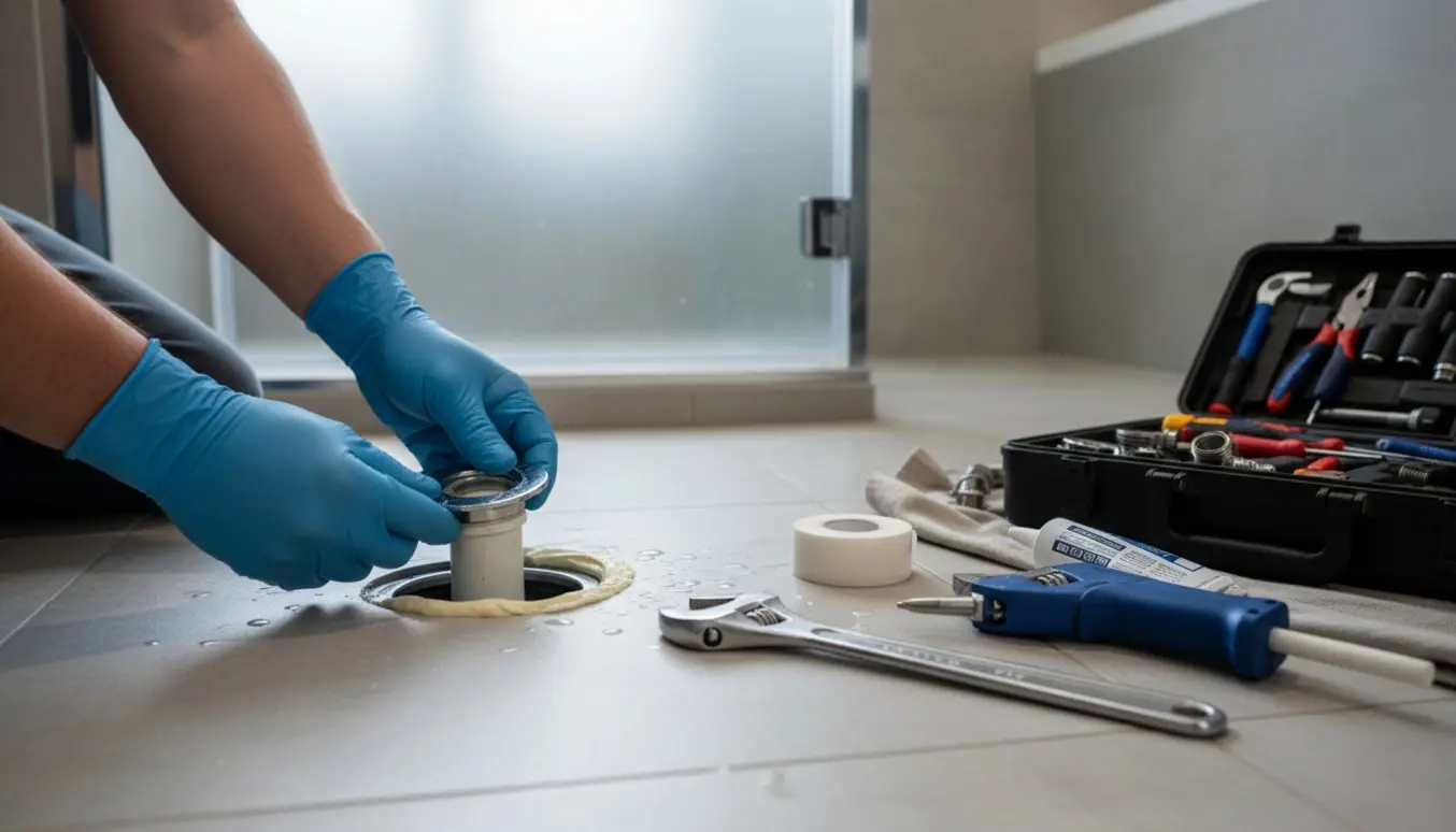 Hænder fra en VVS'er monterer et nyt chrome afløb i et flisebadeværelse med værktøj omkring.