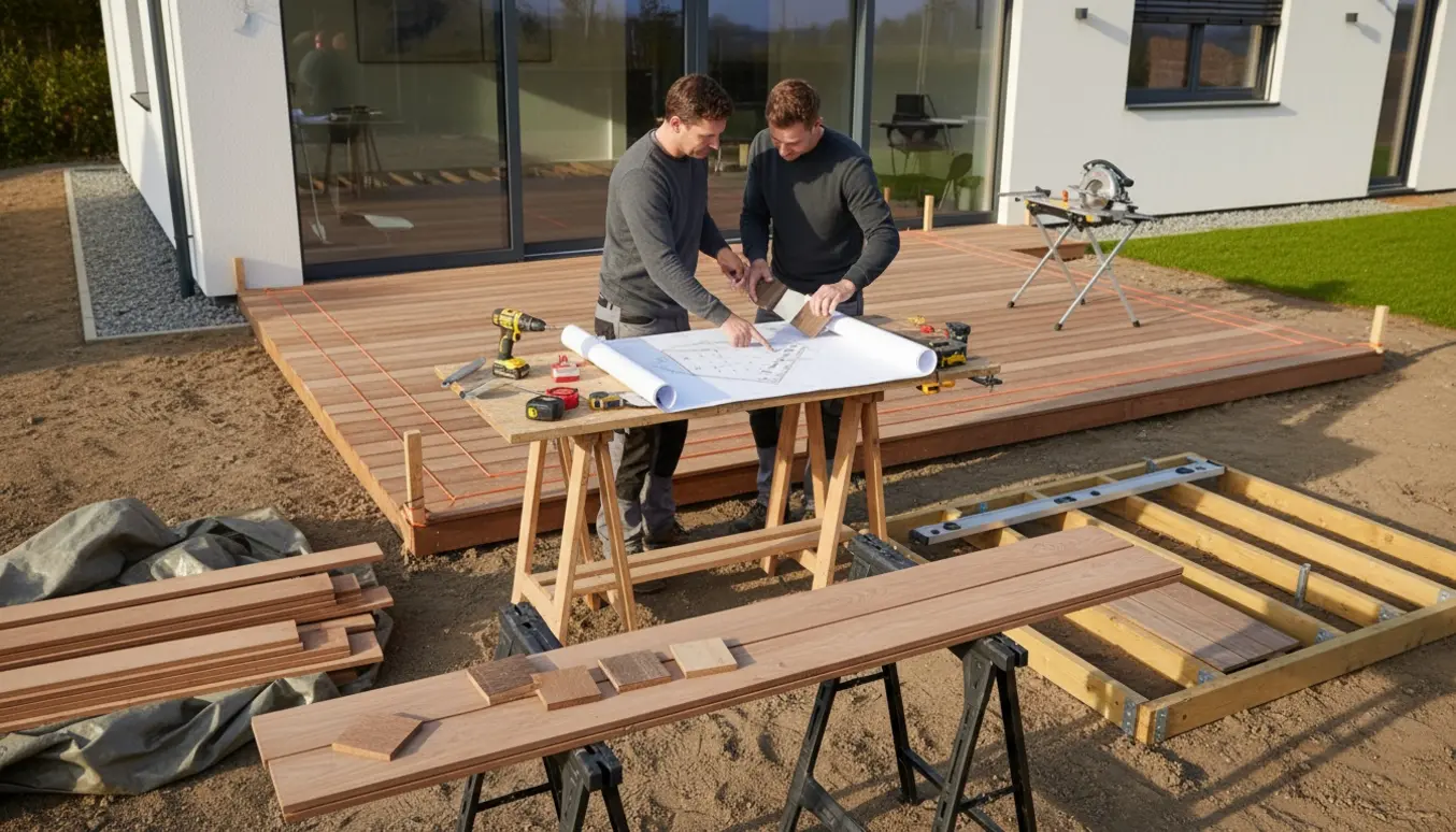 Nybygget hus med udmålt område, træprøver og værktøj klar til en 40–50 m² træterrasse.