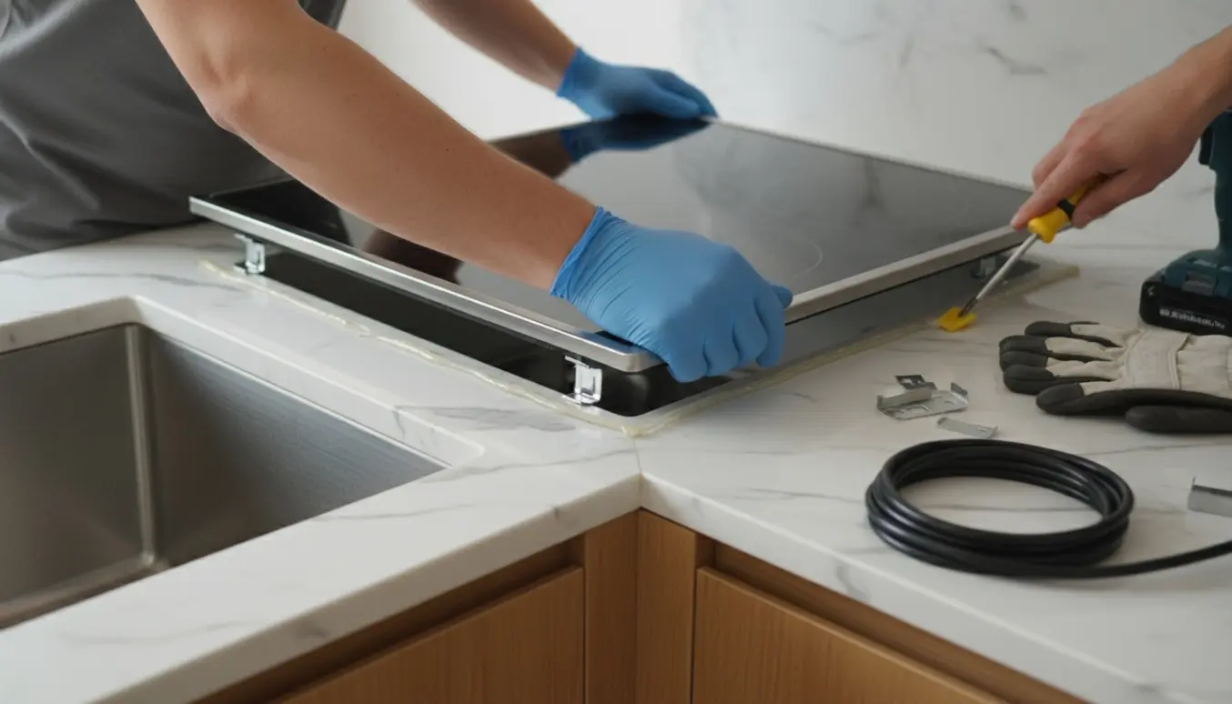 Hænder monterer en ny sort induktionskogeplade i en køkkenbordplade.