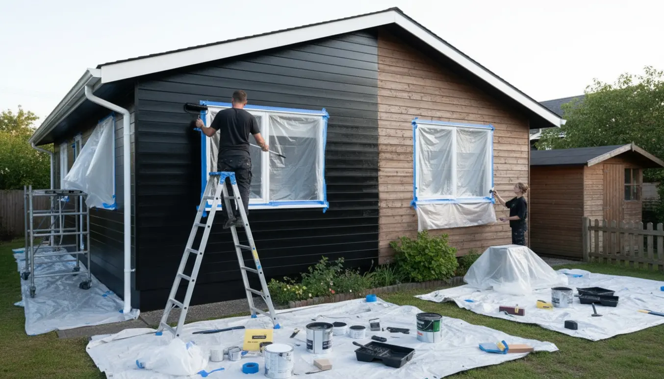 Et enetages træhus under udvendig maling, hvor malere på stiger og stillads påfører sort maling, og vinduer samt hvide detaljer er afdækket.