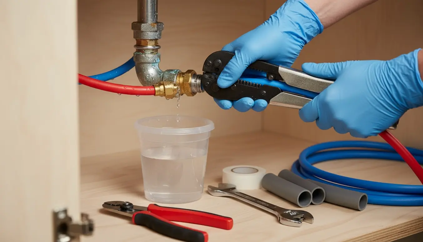 Hænder udskifter et korroderet vandrør med røde og blå PEX-rør under en vask.