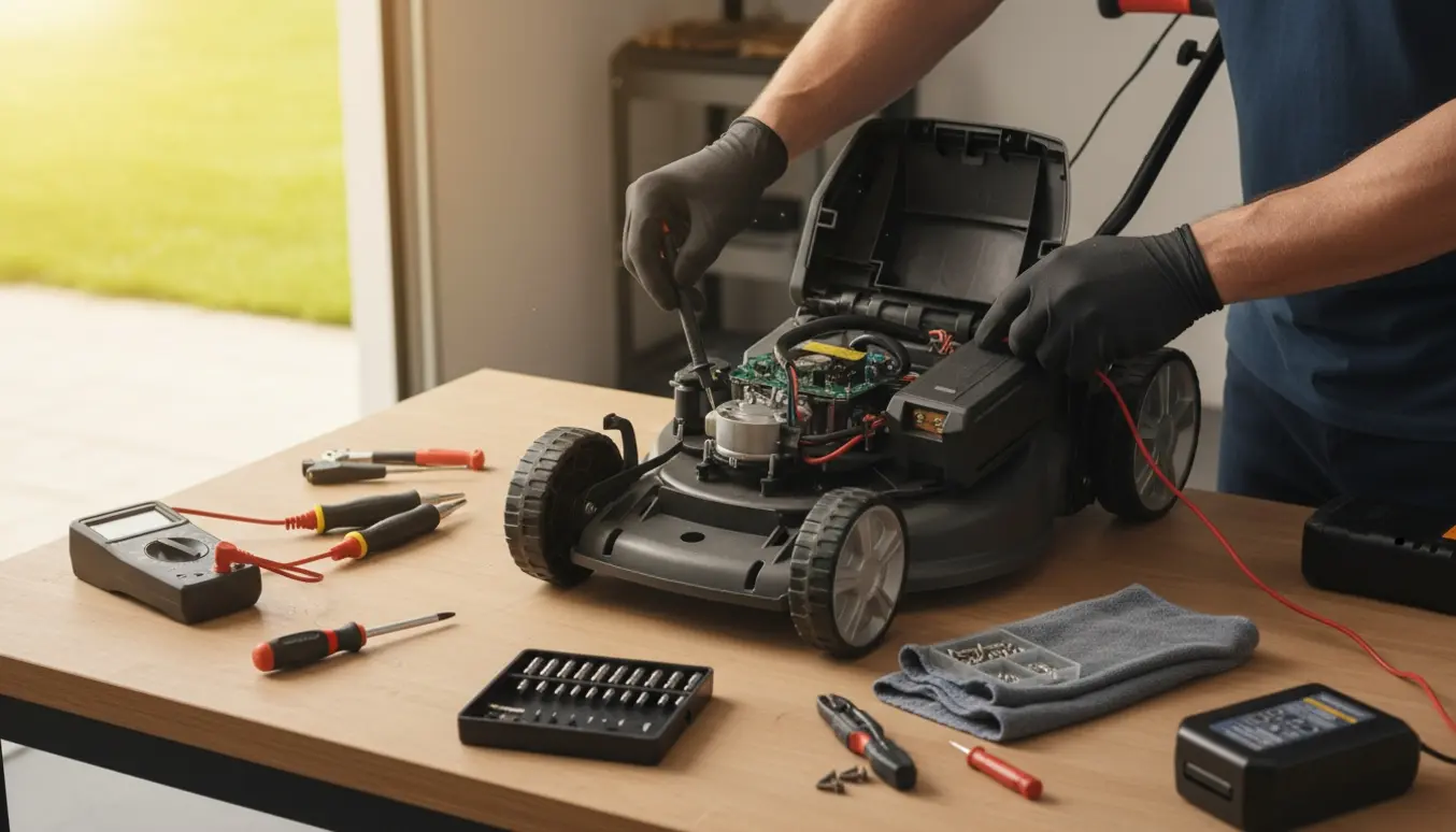 En tekniker undersøger en afmonteret batteridrevet plæneklipper på en garagebænk med værktøj spredt omkring.