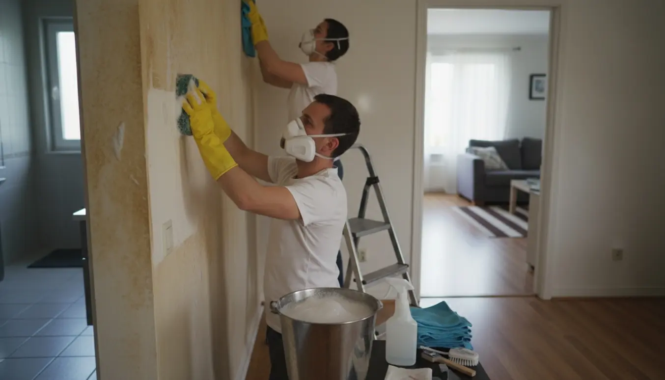 Hænder i gummihandsker vasker nikotinfarvet væg med svamp i en lys lejlighed, med stige, spand og rengøringsmidler i nærheden.