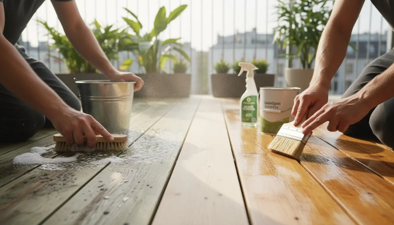 Nogen rengør, sliber, olierer og behandler alger på en træaltan med værktøj og produkter i blødt dagslys.