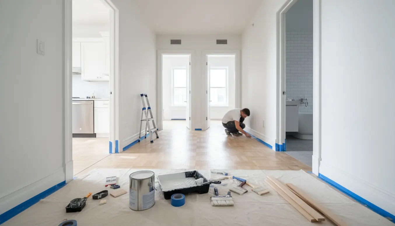 Malerudstyr i en lys lejlighed under maling med nymalede hvide vægge, dørkarme og fodpaneler.