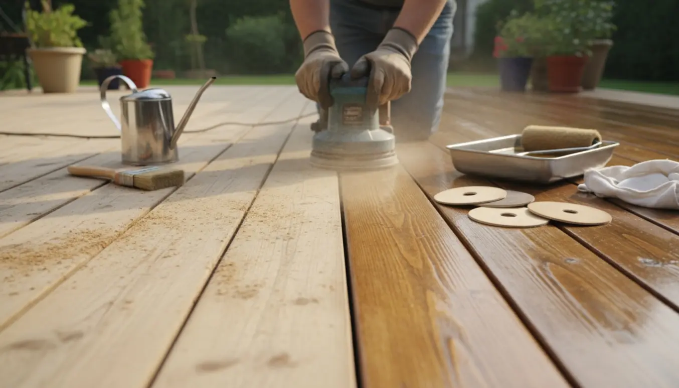 Nærbillede af slibning og oliering af en træterrasse med slibemaskine og olievals i blødt morgenlys.