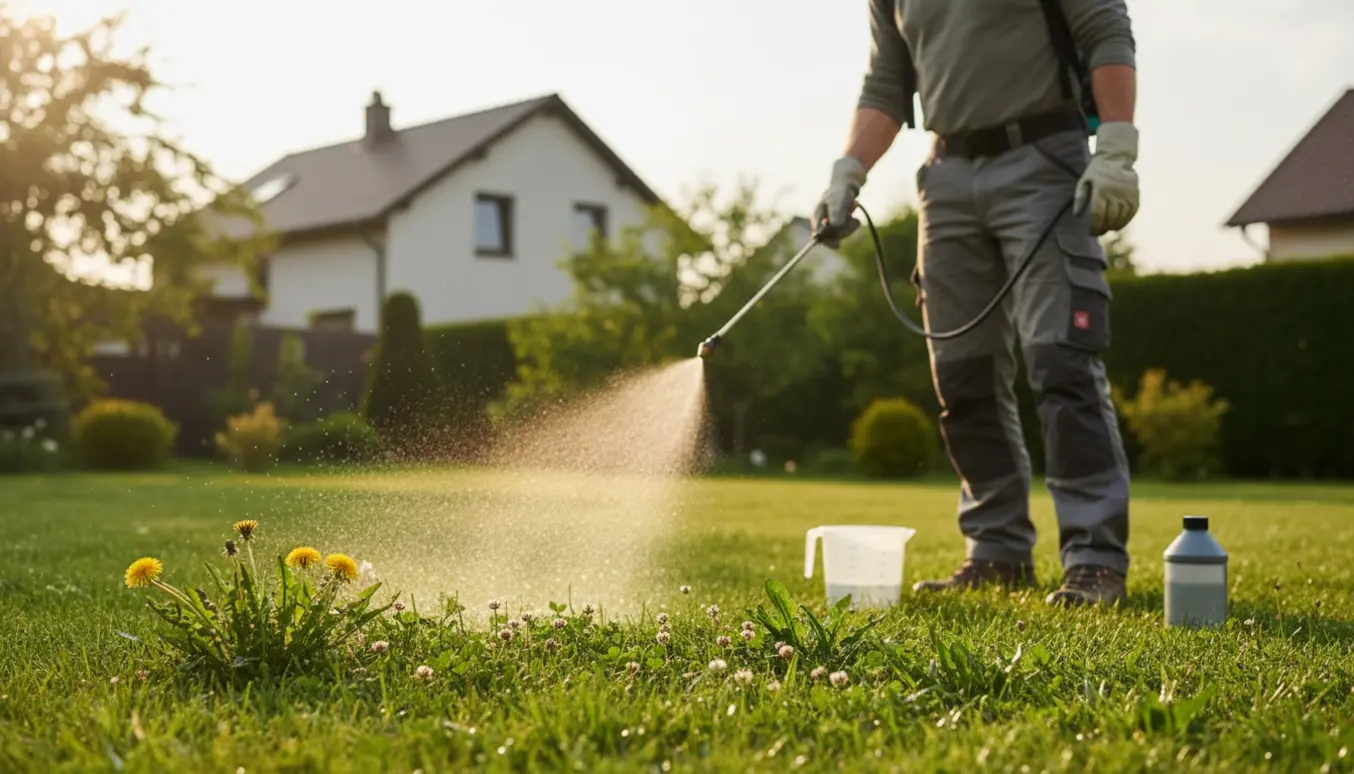 En person sprøjter en mellemstor græsplæne for ukrudt med sprøjte, dyse og målebæger.
