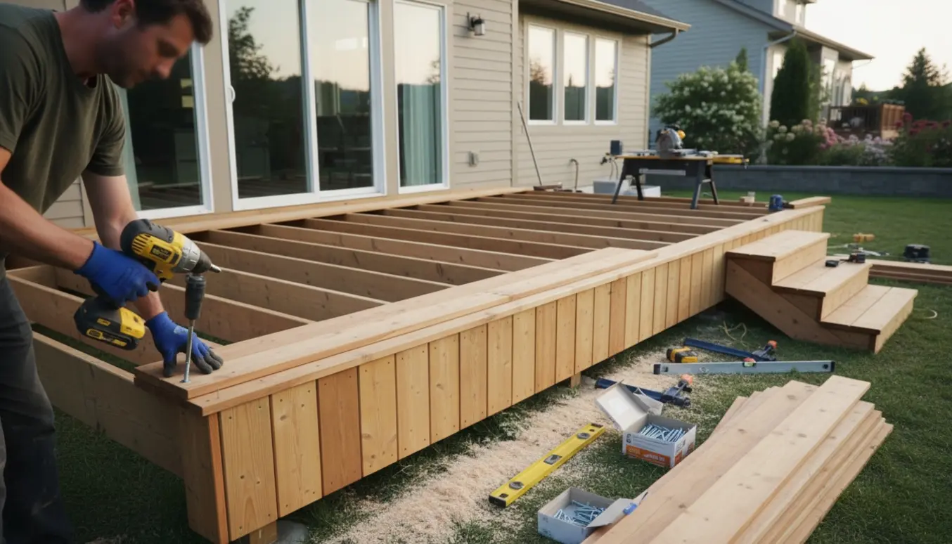 Næsten færdig træterrasse med brædder, værktøj og en tre-trins trappe.