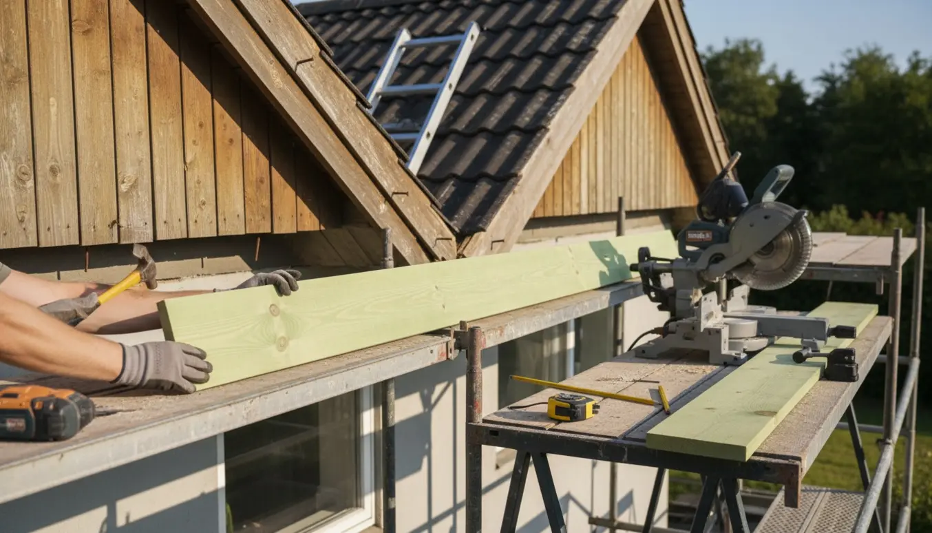 Tømrer monterer nye dækbrædder på husets gavl med værktøj og stillads i naturligt dagslys.