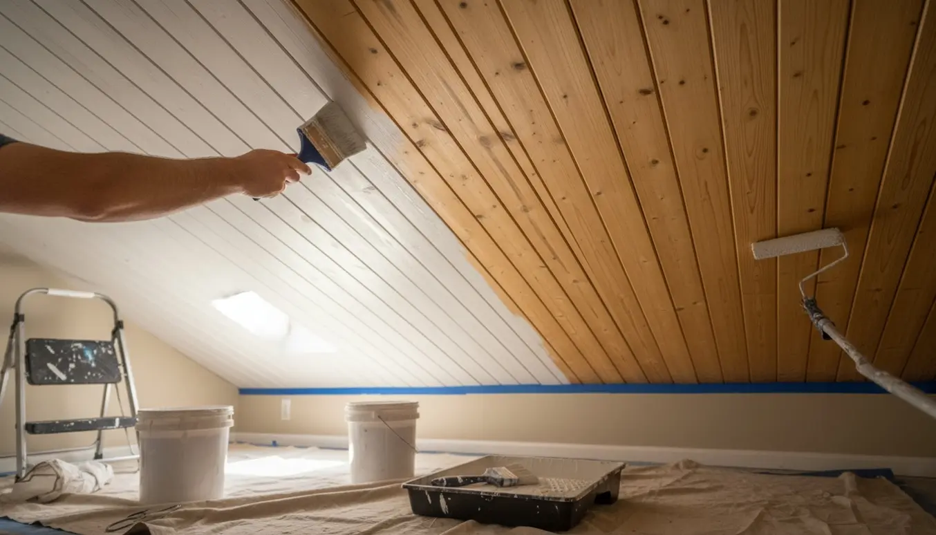 Paneltag halvt luderet med hvid lud, rulle og pensel synlige over afdækket gulv.