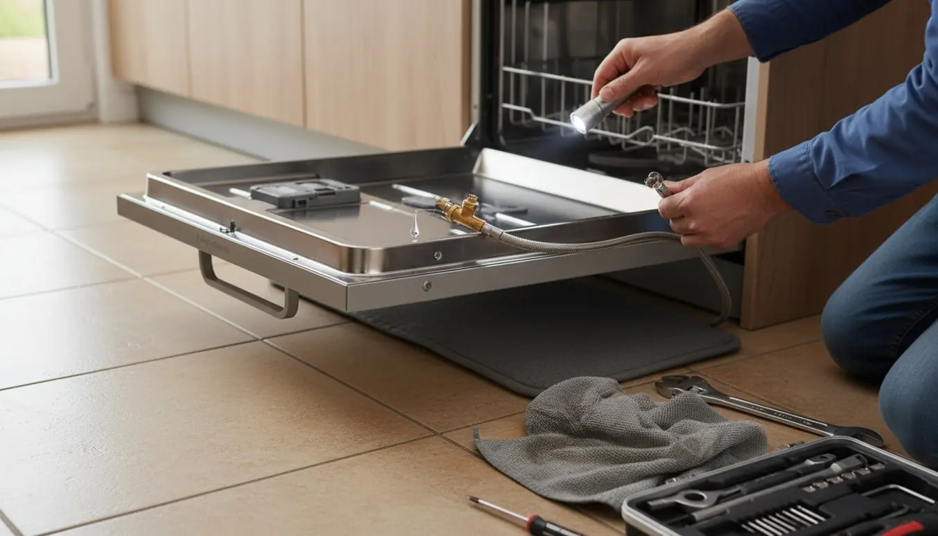 En person inspicerer en åben opvaskemaskines nederste panel med løst vandrør og værktøj på gulvet.