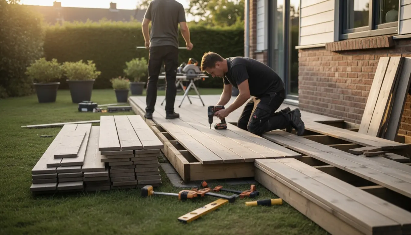 Ny træterrasse under opbygning i en lille baghave med grålige træbrædder og indbyggede trappetrin.