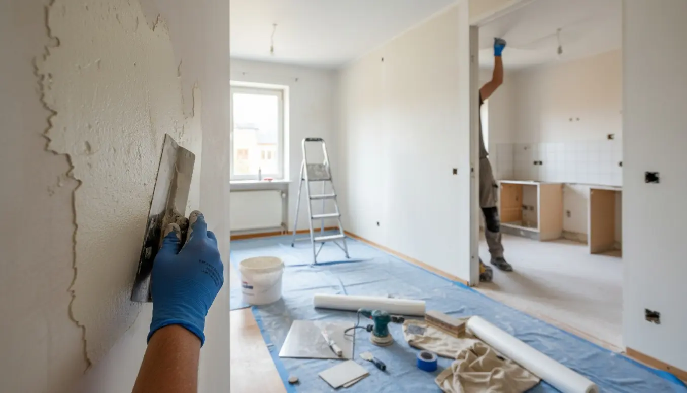 Indendørs renovering med håndspartel på væg, filt på loftet i et lille værelse og et råt køkken klar til videre arbejde.