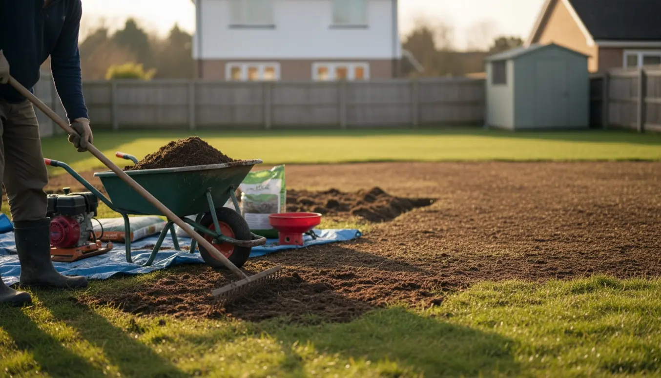 Halvdel af en baghavegræsplæne udjævnes med jord, rive og trillebør.