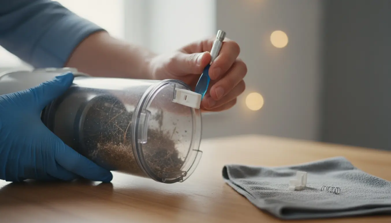 Hænder åbner en fastlåst støvbeholder på en moderne ledningsfri støvsuger med værktøj på et ryddeligt arbejdsbord.