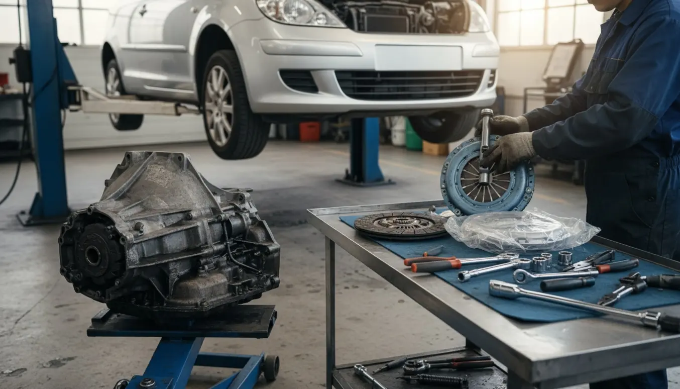 Mekanikerens handskerede hænder monterer en ny koblingsplade under en løftet bil i en lys garage.