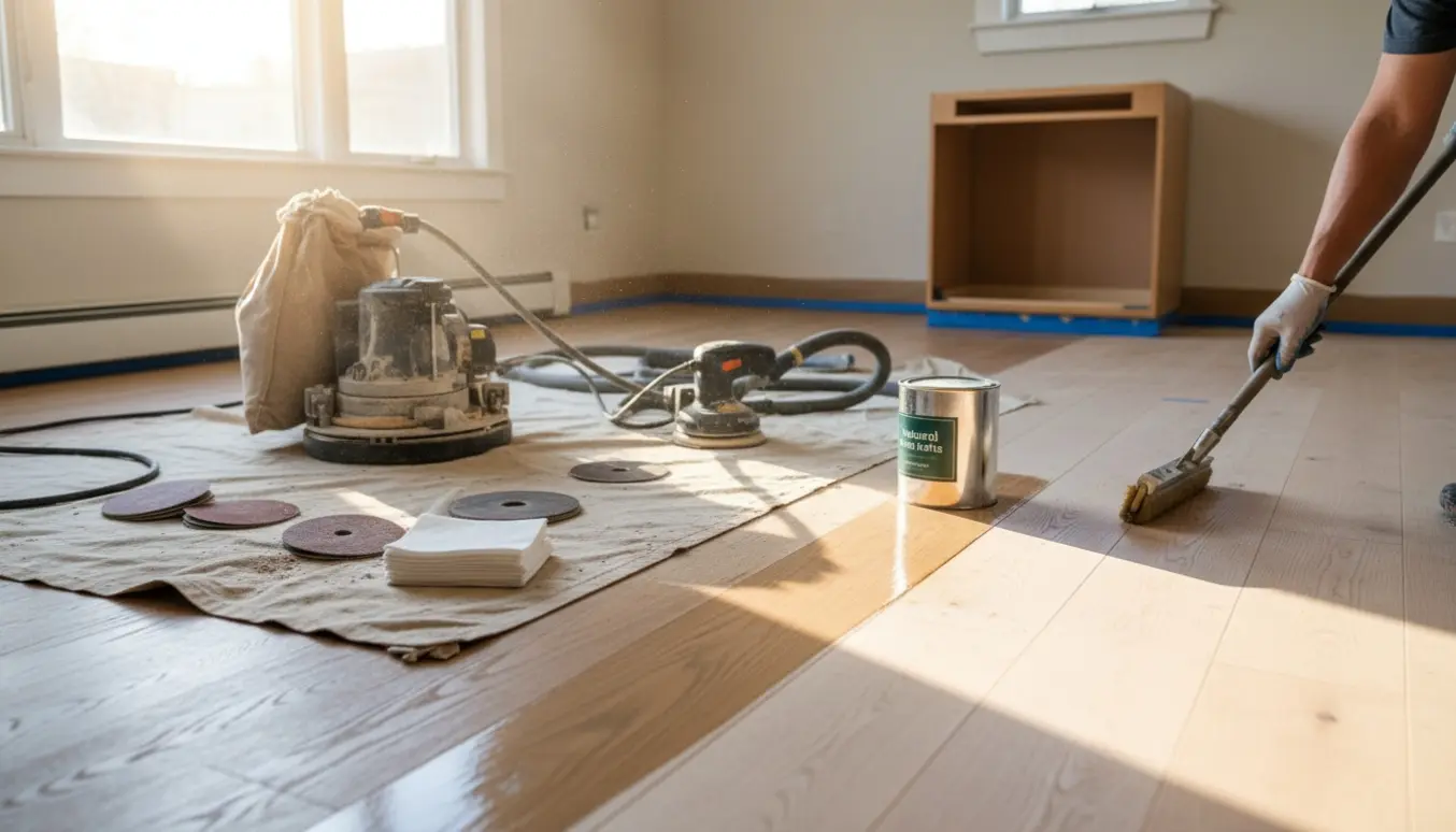 Delvist slebet og nylakeret trægulv i et rækkehus med slibemaskine, oliematerialer og påføringsværktøj under køkkenrenovering.