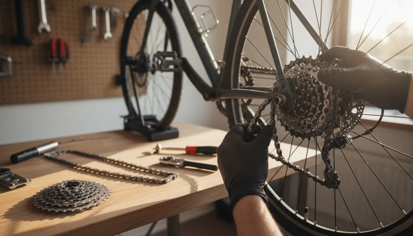 Nærbillede af baghjulsdrivlinje i et lyst værksted, hvor kassette og kæde skiftes.