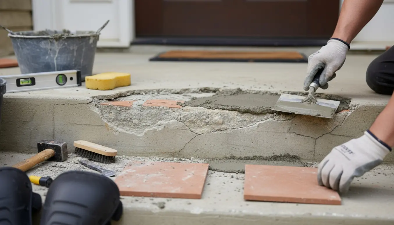 Nærbillede af reparation af udendørs hovedtrappe efter frostskader med fliser, mørtel og værktøj.