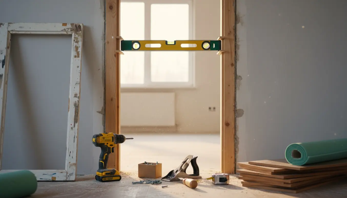 Installering af ny dørkarm i en gulv-til-loft åbning med værktøj og klikgulvsplanker ved siden af.