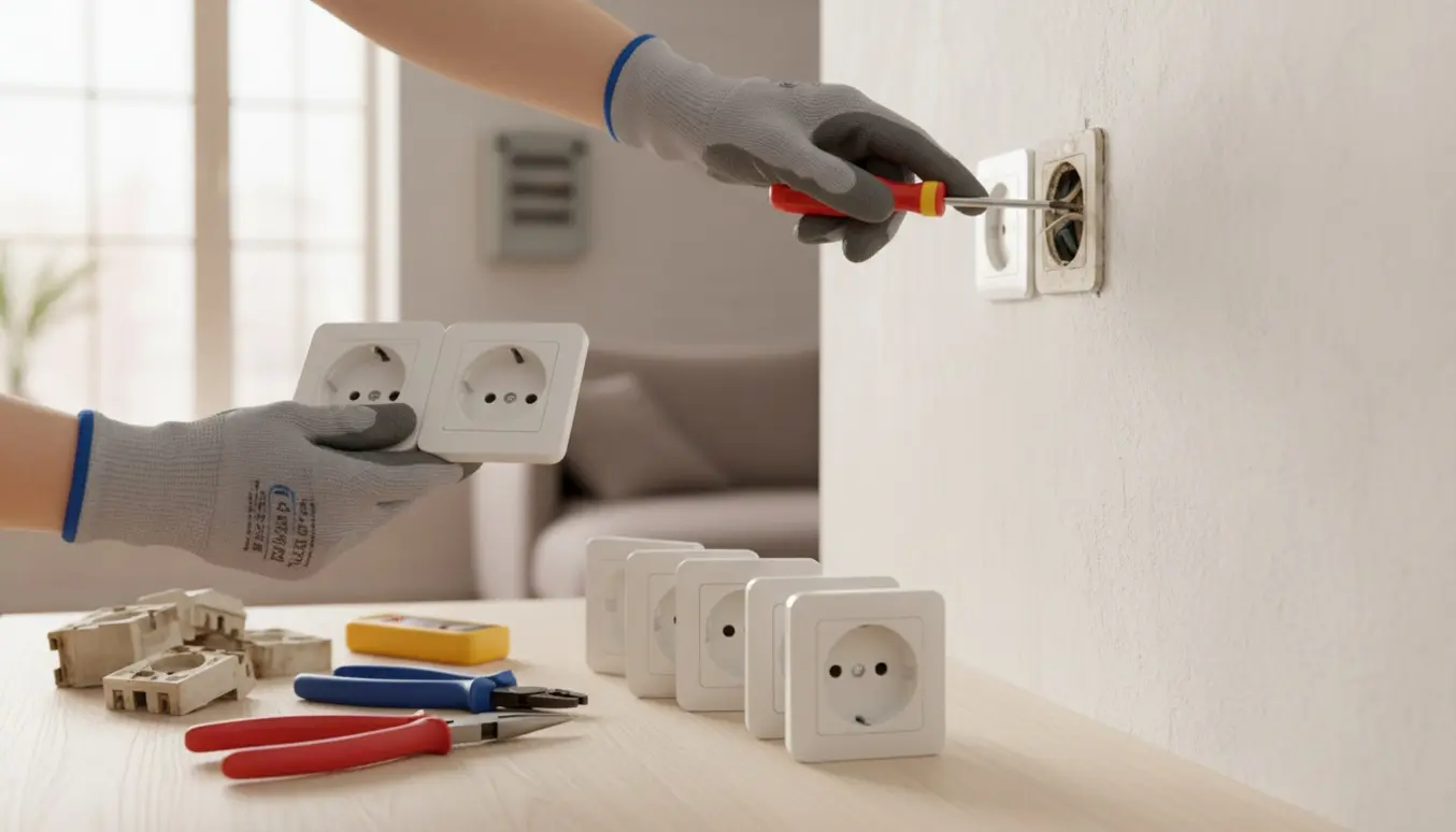 Hænder udskifter en gammel stikkontakt med en ny hvid stikkontakt, med værktøj og flere plader ved siden af.