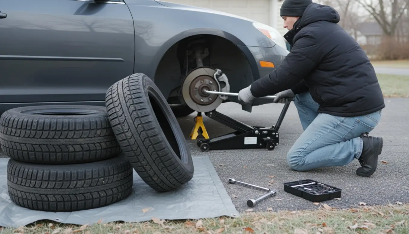 Bil løftet på donkraft mens en person i handsker skifter til fire vinterdæk, med de nye dæk stablet ved siden af.