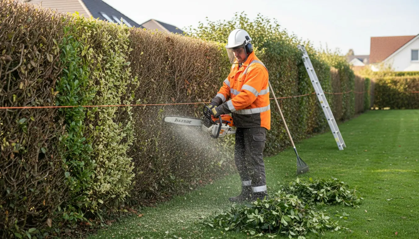 Person i sikkerhedsudstyr trimmer en lang hæk med motorsav, med synlig afskåret kant og bunke af afklip.