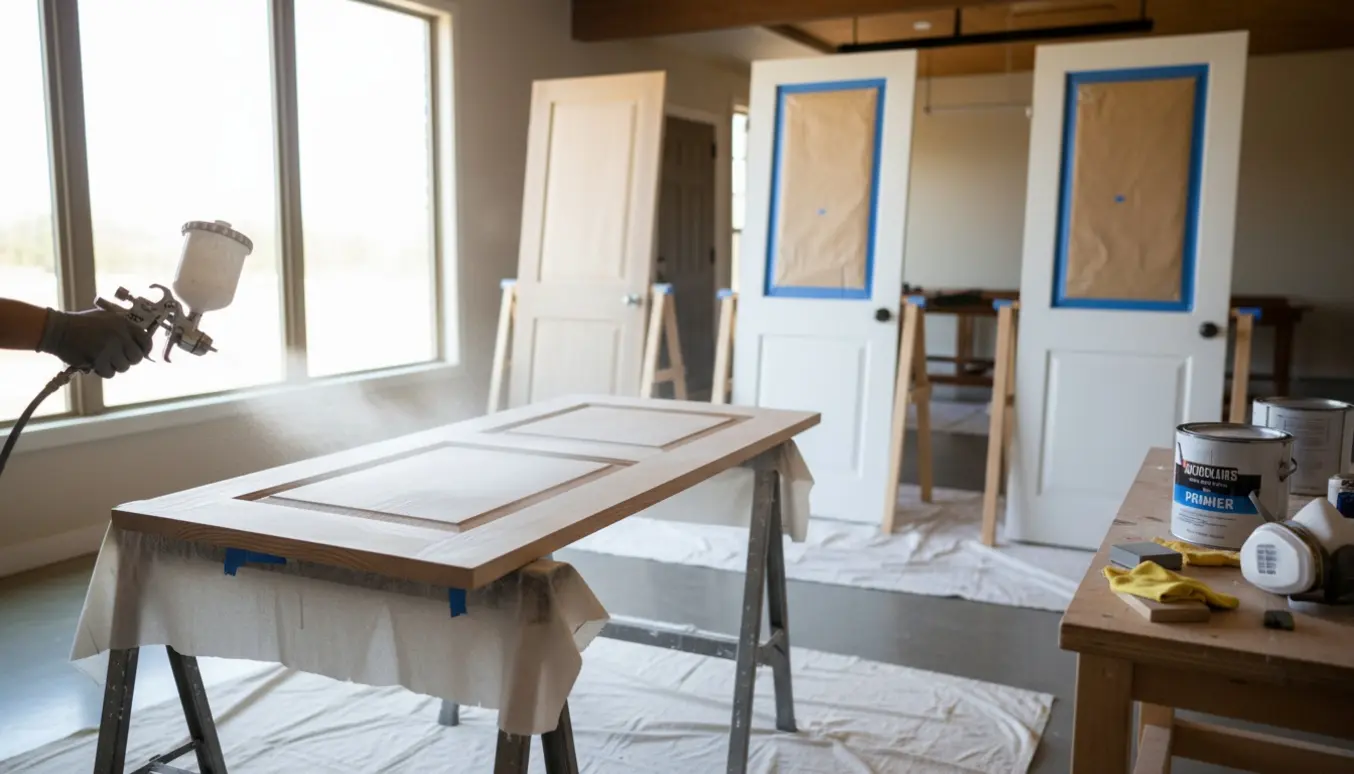 En hånd sprøjtemaler en indvendig dør hvid i et lyst værksted, med flere døre på bukke og beskyttelsesudstyr omkring.